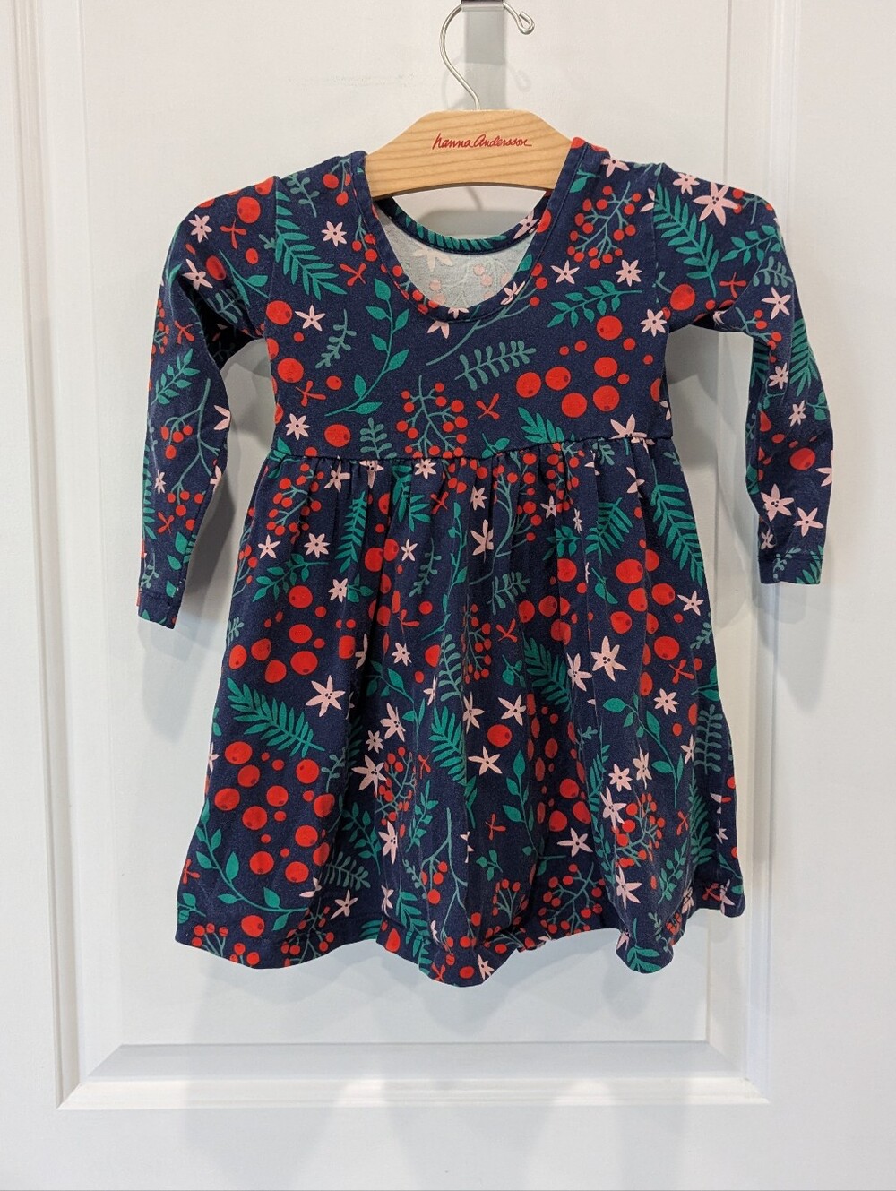 Hanna Andersson Kids Dress Winter Berries Red Navy Blue Cotton Girls Size 3T 90 - Picture 3 of 6